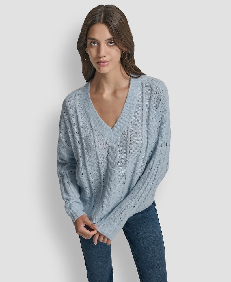 Dkny Jeans Women's V-Neck Cable-Knit Sweater