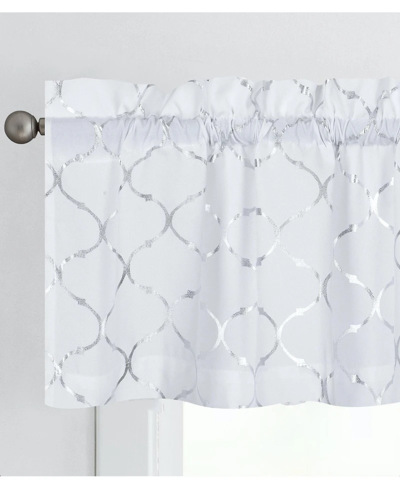 Kate Aurora Living Metallic Foil Lattice Quatrefoil White & Silver Window Valance