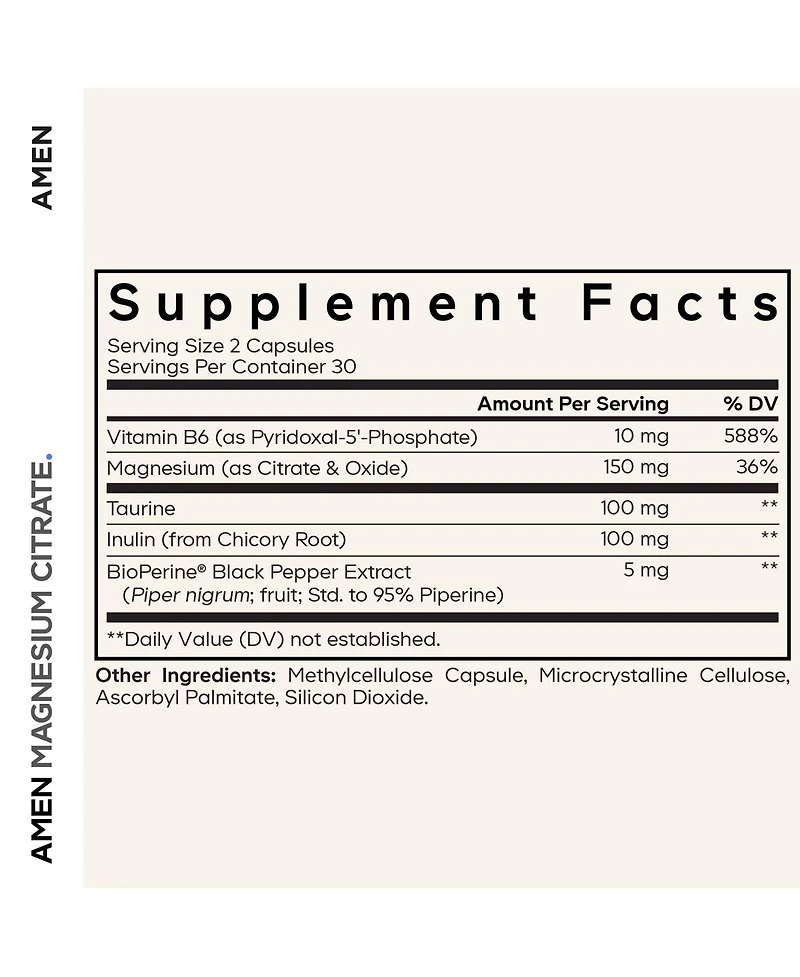 Amen Magnesium Citrate Supplement - Magnesium Pills With Vitamin B6 P5P, Taurine, Inulin, Bioperine Black Pepper