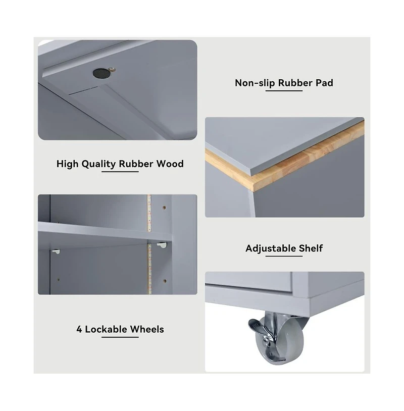 Maison Boucle Rolling Kitchen Island with Extendable Table, Led Lights, Outlet, Fluted Glass Doors & Shelves-Maison
