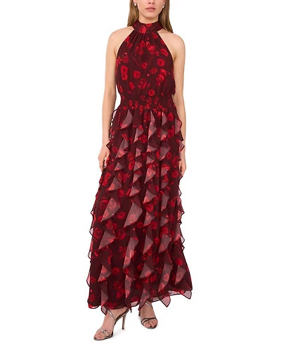 1.state Women's Flounce Cascading Halter Neck Maxi Dress