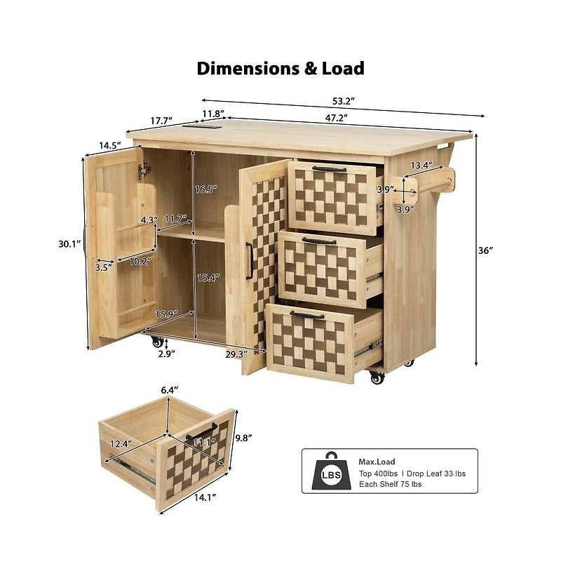 Maison Boucle 53.2" Rolling Kitchen Island with Drop Leaf, Power Outlet, 3 Drawers, Cabinets & Woven Checkerboard Design-Maison Boucle