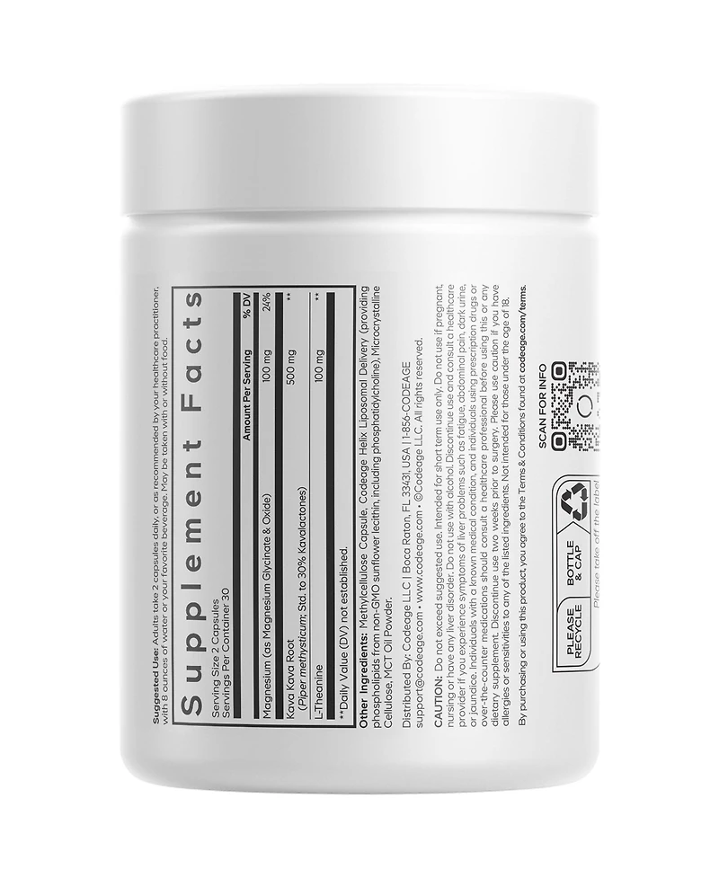Codeage Liposomal Kava Kava+ Supplement - 500 mg 30% Kavalactones with Magnesium Glycinate - Magnesium Oxide