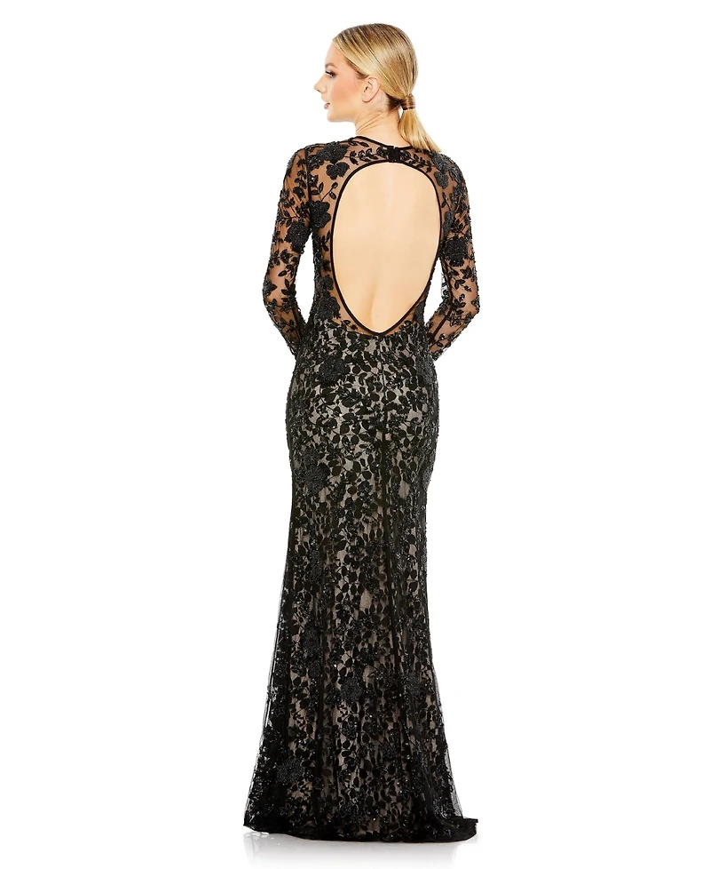 Mac Duggal Women's Long Sleeve Floral Embellished Gown