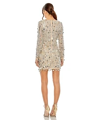 Mac Duggal Women's Beaded Fringe Detail Dress with Plunging Neckline and Long Sleeves