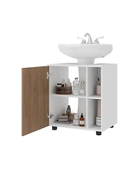 Parade Under Pedestal Sink Cabinet, 1 Door, 5 Open Compartments, Melamine Finish, White and Natural Oak