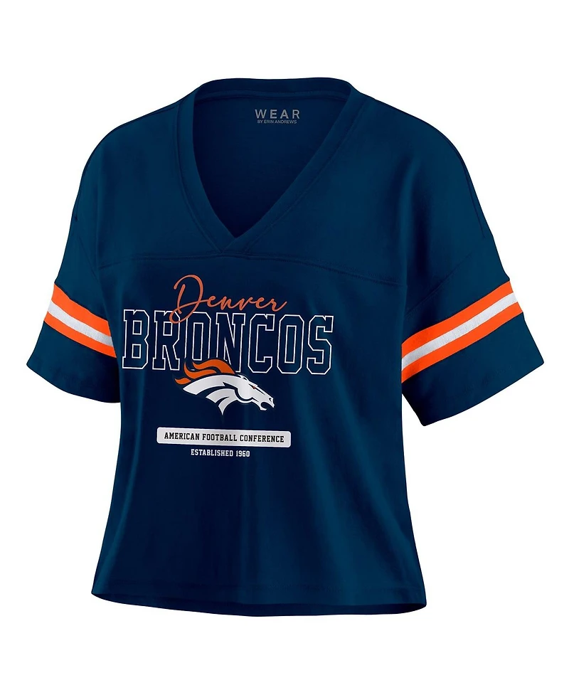 Wear by Erin Andrews Women's Navy Denver Broncos Color Block Boxy Modest Crop V-Neck T-Shirt