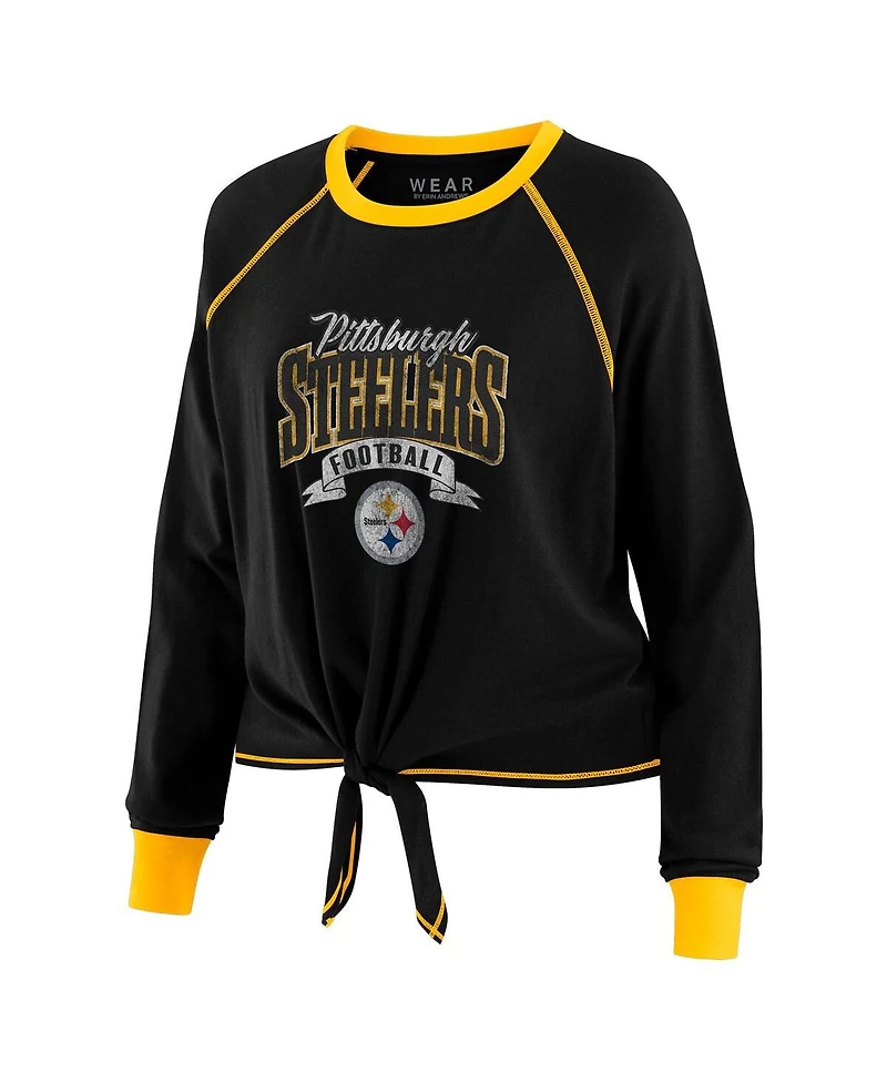 Wear by Erin Andrews Women's Black/Gold Pittsburgh Steelers Plus Size Tie-Front Long Sleeve Top