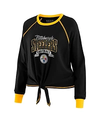 Wear by Erin Andrews Women's Black/Gold Pittsburgh Steelers Plus Size Tie-Front Long Sleeve Top