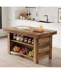 Tribesigns 55 Inches Kitchen Island with Storage, 3-Tier Farmhouse Wooden Stationary Island Table, Rustic Brown