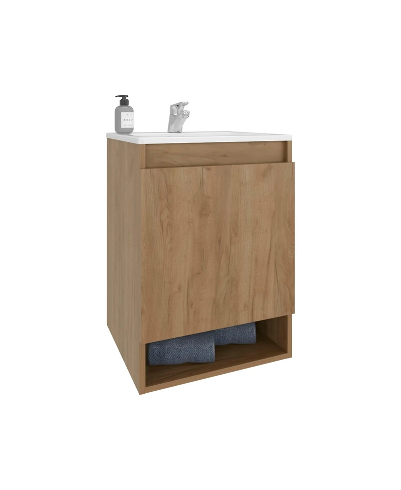 Fm Furniture Wright Wall-Mounted Bathroom Vanity with Sink, 2 Doors, Open Shelf, Integrated Basin, Natural Oak