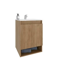 Fm Furniture Wright Wall-Mounted Bathroom Vanity with Sink, 2 Doors, Open Shelf, Integrated Basin, Natural Oak