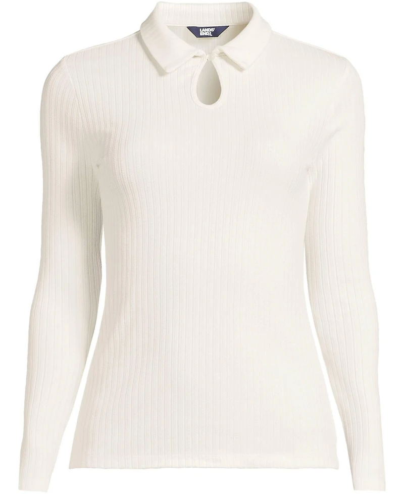 Lands' End Women's Long Sleeve Pointelle Rib Keyhole Polo Top