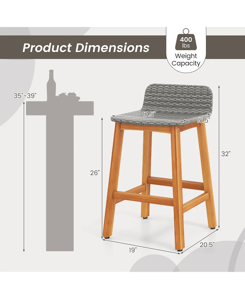 Gymax Solid Acacia Wood Bar Stools Set of Rattan Bar Height Patio Chairs for Porch