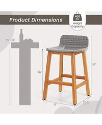 Gymax Solid Acacia Wood Bar Stools Set of Rattan Bar Height Patio Chairs for Porch