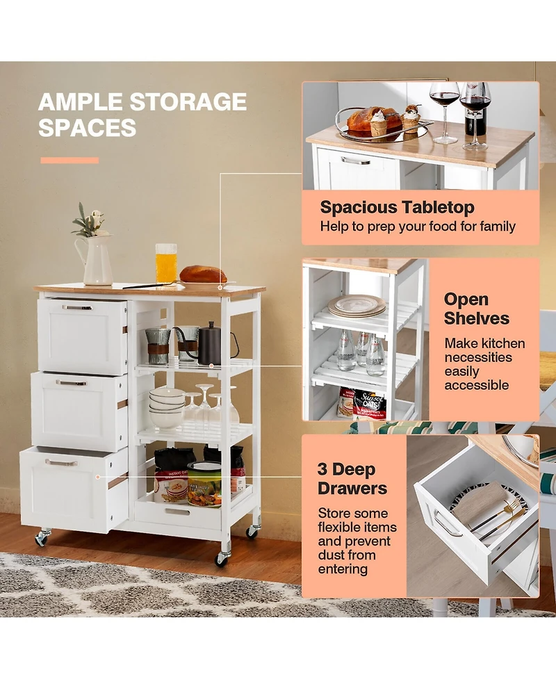 Gymax Rolling Kitchen Island Utility Storage Cart w/ 3 Storage Drawers & Shelves