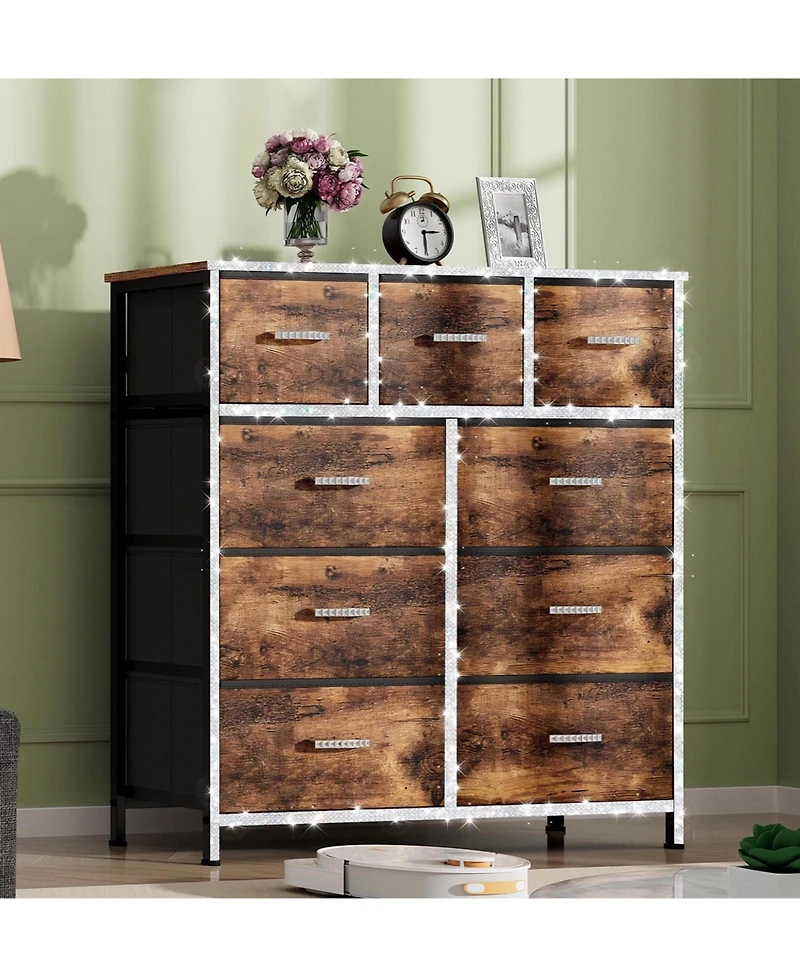Mr Ironstone 9 Drawer Dresser for Bedroom, Storage Organizer with 12 Drawers, Chest of Drawers with Fabric Bins, Sturdy Metal Frame, Wood Tabletop for