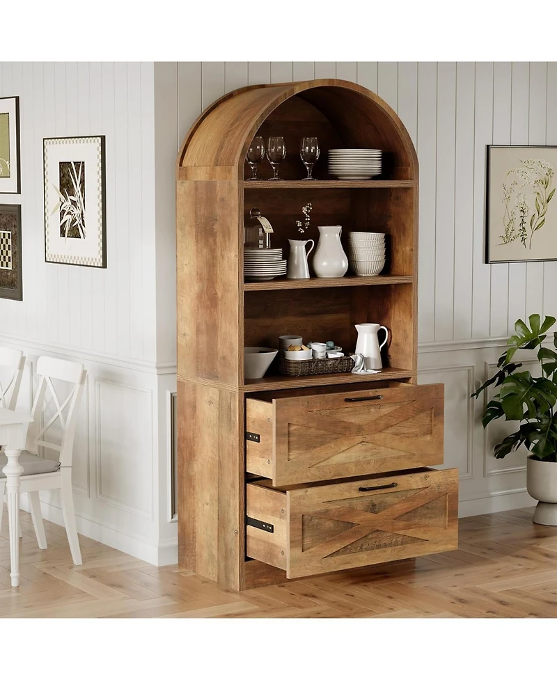 Tribesigns 71" Tall Arched Kitchen Pantry, Farmhouse Wooden Kitchen Cabinet, Free-Standing Versatile Cupboard, Brown