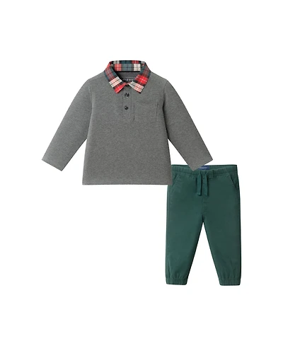 Andy & Evan Baby Boys Grey Polo w/Plaid Collar Twill Pull On Pant