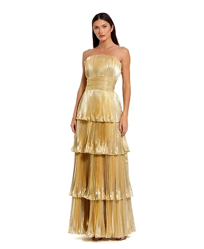 Mac Duggal Women's Strapless Pleated Metallic Layered High Low Gown