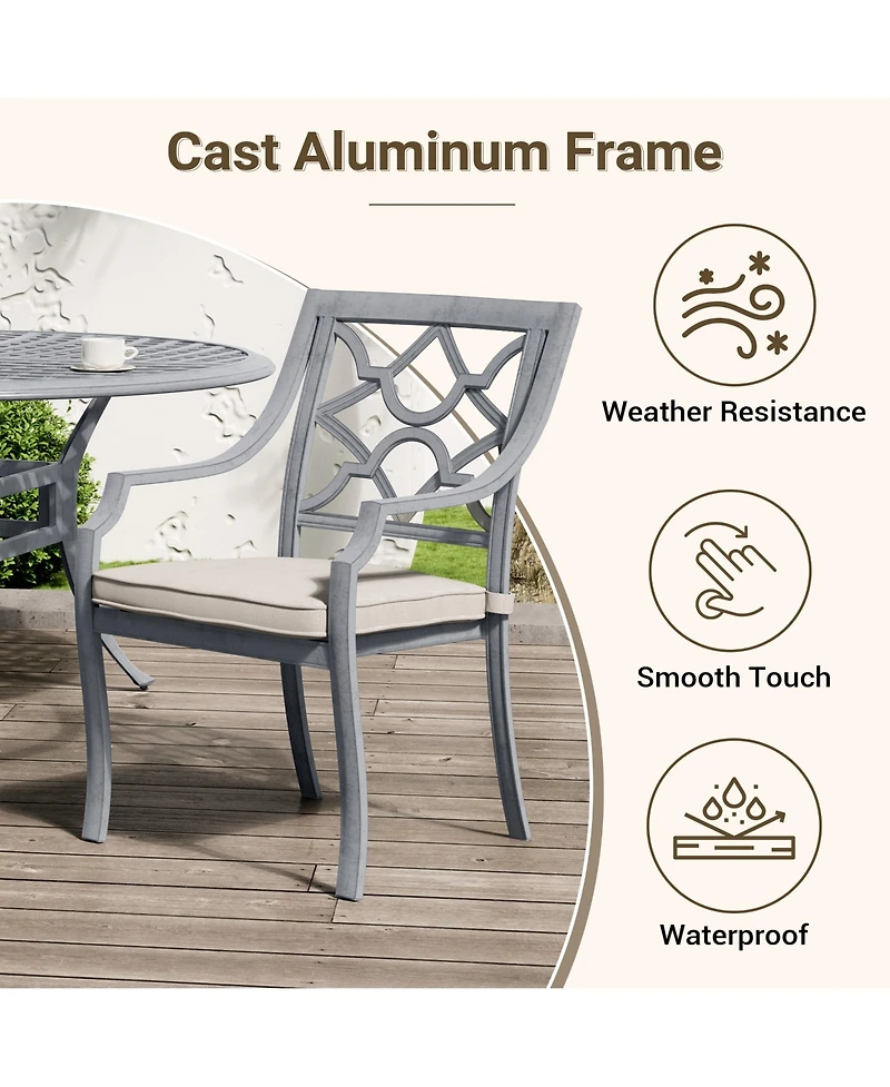 2 Piece Cast Aluminum Outdoor Dining Patio Chairs;Beige Cushion