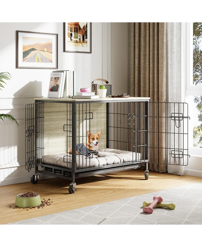 27" Grey & Black Modern Furniture-Style Dog Crate with Double Door, 360° Rotating Wheels, Anti-Slip Feet & Divider, End Table Design