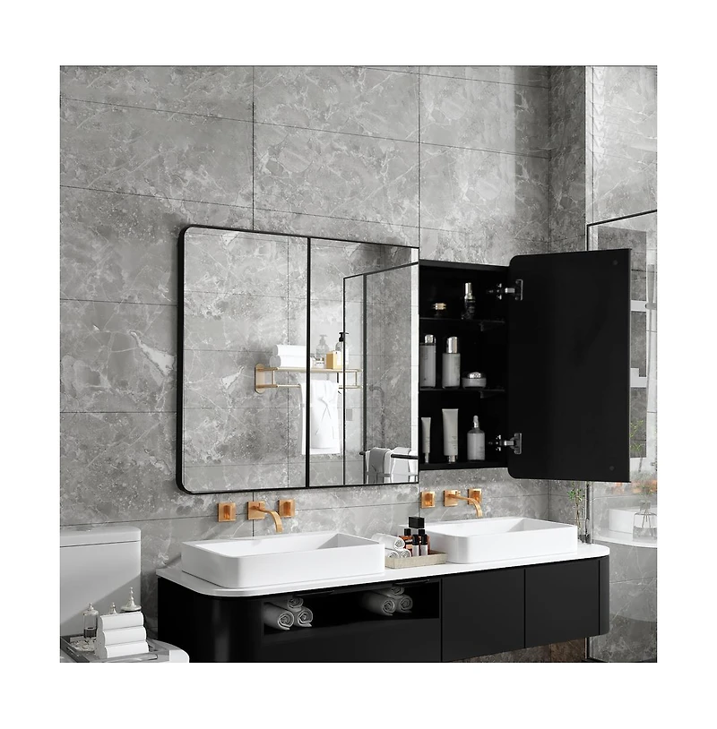 Basicwise 3-Door Aluminum Bathroom Medicine Cabinet, Round Corner Framed Door