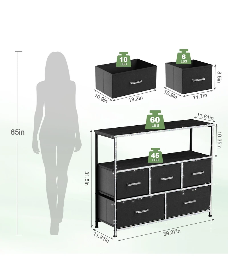 Mr Ironstone Dresser Tv Stand, Entertainment Center with 5 Fabric Drawers, Media Console Table for Tv with Open Storage Shelf Dresser for Bedroom/Livi
