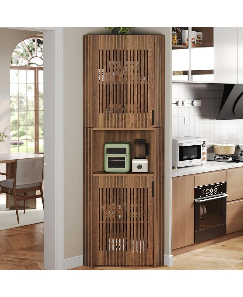 Tribesigns 78'H Corner Cabinet, Farmhouse Kitchen Pantry Storage Cabinet, Ventilated Grille Style Doors, Walnut