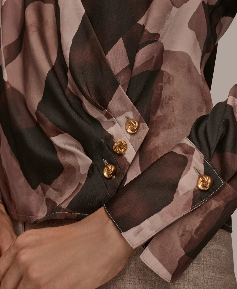 Donna Karan New York Petite Printed Satin Long Sleeve Wrap Top
