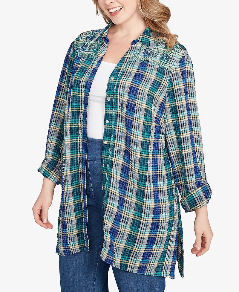 Ruby Rd. Plus Embroidered Plaid Button Down Top
