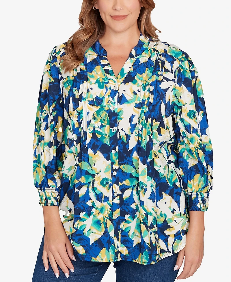 Ruby Rd. Plus Floral Silky Voile Button Down Top