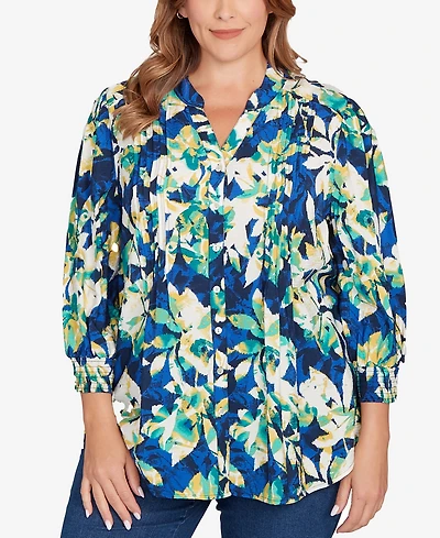 Ruby Rd. Plus Floral Silky Voile Button Down Top