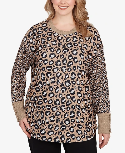 Ruby Rd. Plus Sweater Trimmed Cozy Animal Print Top