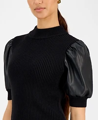 T Tahari Women's Ribbed Faux-Leather-Sleeve Top