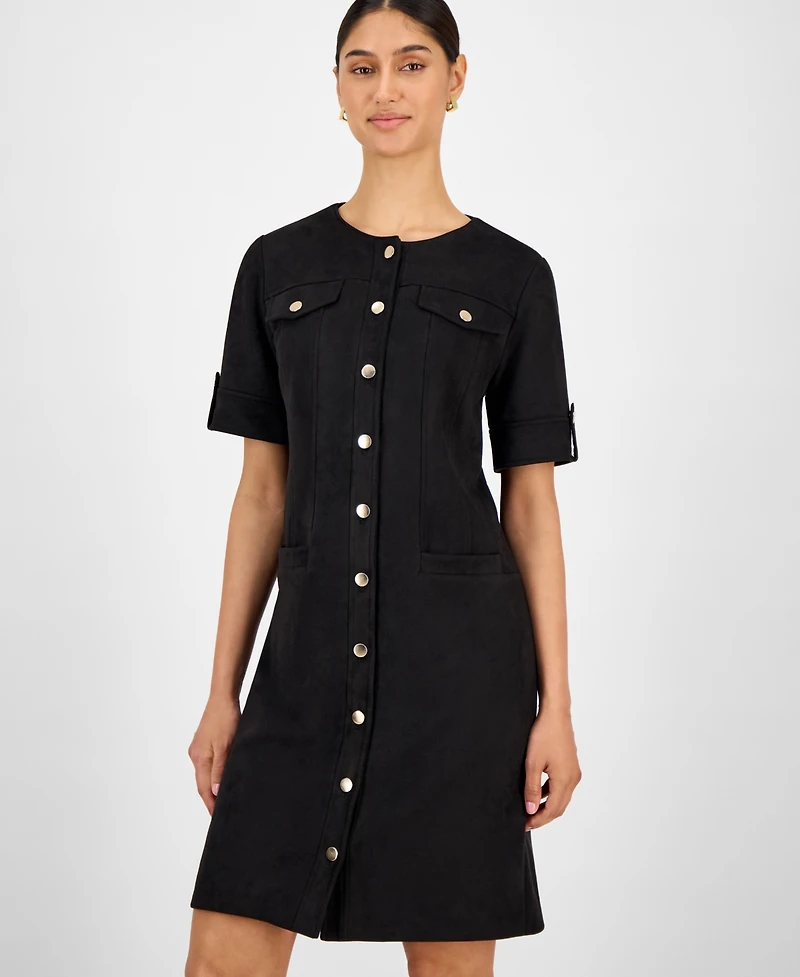 T Tahari Women's Faux-Suede Short-Sleeve Shirtdress