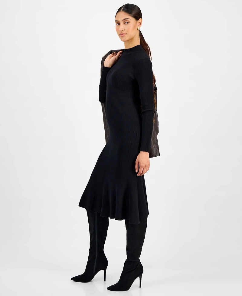 T Tahari Women's Long-Sleeve Ribbed Bodycon Flare Dress