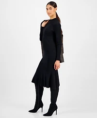 T Tahari Women's Long-Sleeve Ribbed Bodycon Flare Dress