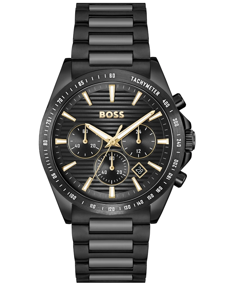 Hugo Boss Men's Strike Quartz Fashion Chrono Ionic Plated Black Steel Watch, 41mm