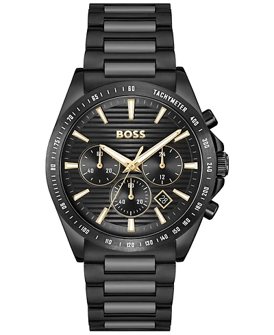 Hugo Boss Men's Strike Quartz Fashion Chrono Ionic Plated Black Steel Watch, 41mm