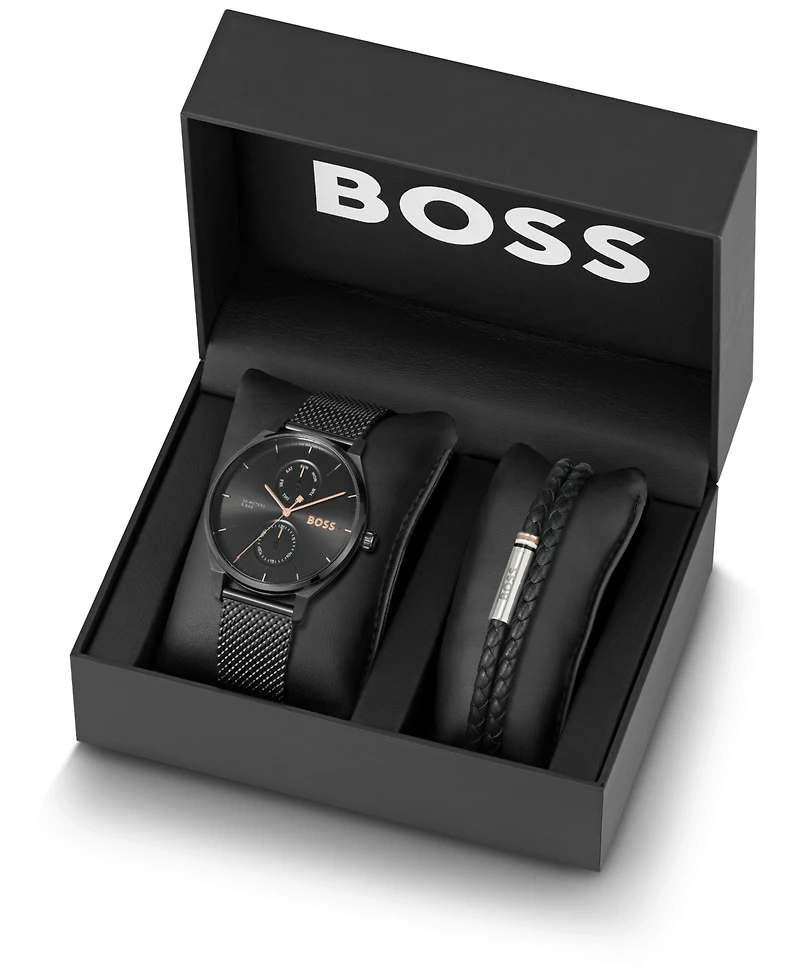 Hugo Boss Men's Tyler Giftset Quartz Multifunction Ionic Plated Black Steel Watch, 43mm