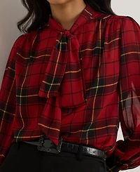 Lauren Ralph Petite Plaid Print Tie Neck Top