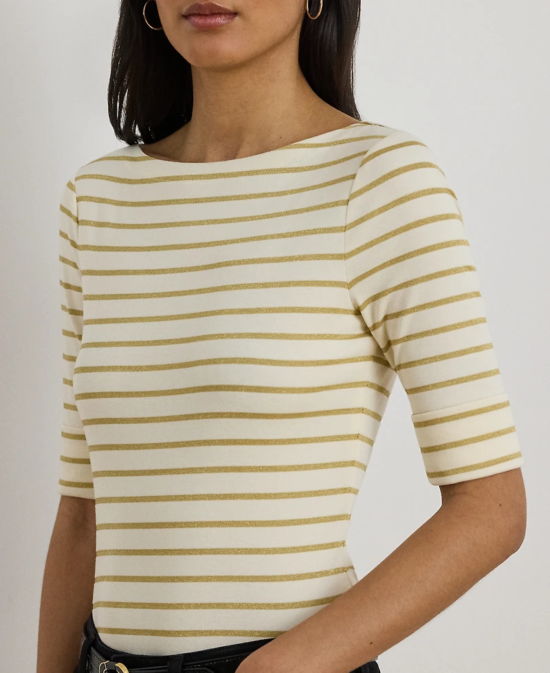 Lauren Ralph Petite Metallic Striped Boat Neck T-Shirt