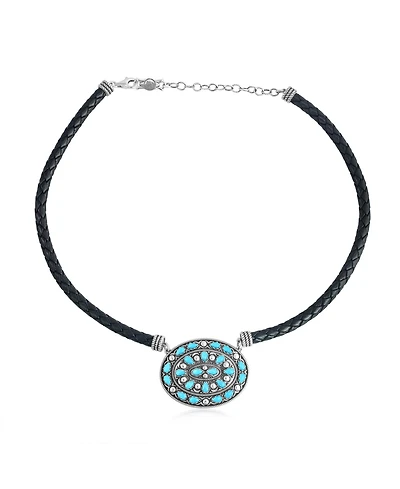 American West Jewelry Sterling Silver Kingman Turquoise Oval Pendant Black Leather Necklace, 17 to 20 Inches