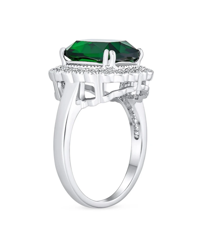 Bling Jewelry Art Deco Style Rectangle Large Cubic Zirconia Solitaire Green Emerald Cut with Cz Halo 10CT Cocktail Statement Ring Silver Plated