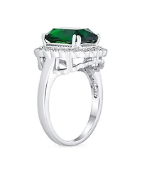 Bling Jewelry Art Deco Style Rectangle Large Cubic Zirconia Solitaire Green Emerald Cut with Cz Halo 10CT Cocktail Statement Ring Silver Plated