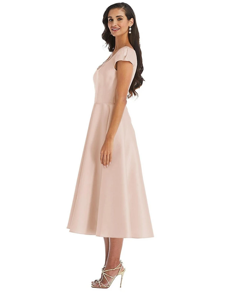 Alfred Sung Plus Puff Cap Sleeve Full Skirt Satin Midi Dress