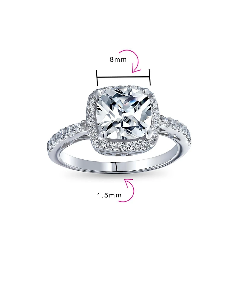 Bling Jewelry Classic 3CT Cubic Zirconia Halo Solitaire Square Cushion Cut Promise Ring Cz Pave Band Sterling Silver