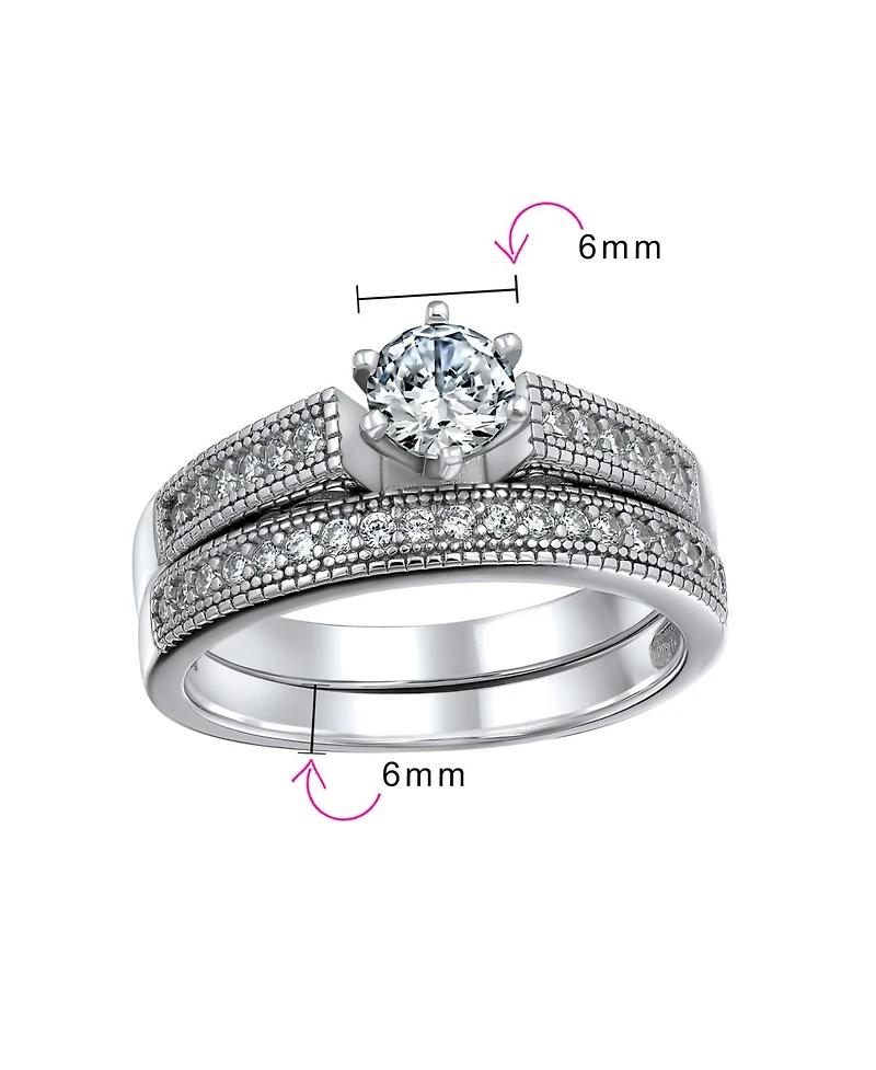 Bling Jewelry 1.5CT Round Cubic Zirconia Solitaire 6 Prong Milgrain Cz Pave Promise Band Ring Set Sterling Silver