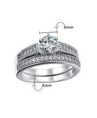Bling Jewelry 1.5CT Round Cubic Zirconia Solitaire 6 Prong Milgrain Cz Pave Promise Band Ring Set Sterling Silver